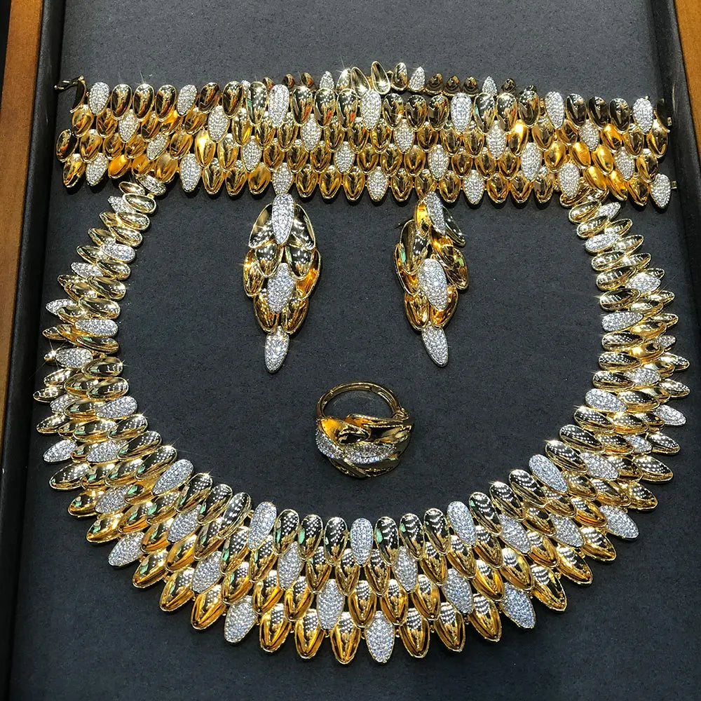BIG Fashion 4PCS Luxury 4 Layers Smooth Feather African Jewelry Set For Women Wedding Dubai Bridal Jewelry Set Indian 2021