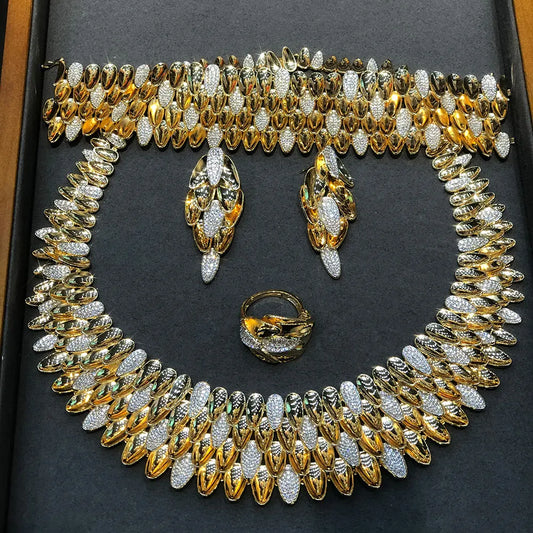 BIG Fashion 4PCS Luxury 4 Layers Smooth Feather African Jewelry Set For Women Wedding Dubai Bridal Jewelry Set Indian 2021