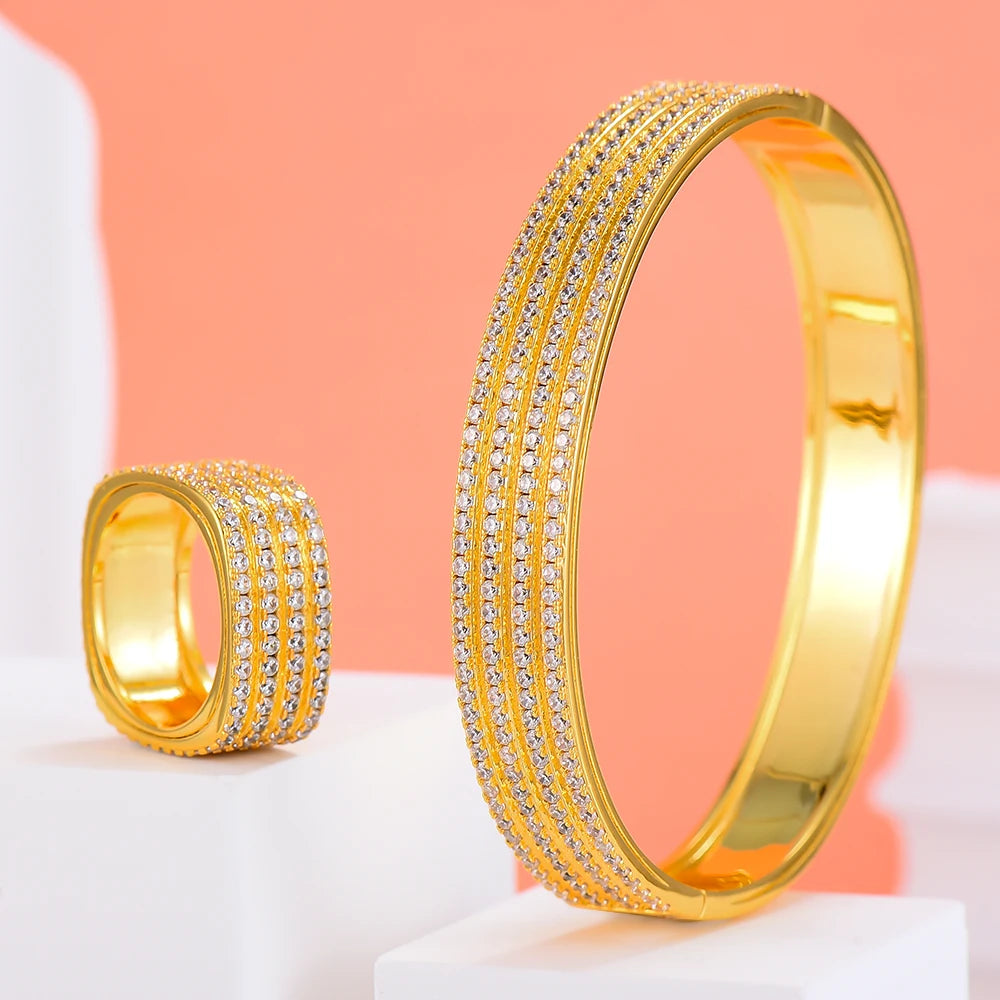 Trend DUBAI CZ Bangle Ring Set For Women Wedding PARTY Baguette Cut Zirconia AFRICAN Bridal Jewelry Sets BOHO