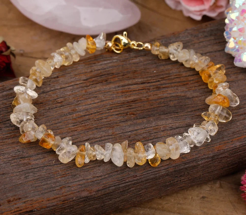 Mineral Stone Gold Chains Bracelet,Reiki Healing Crystal Bracelet,Irregular Chipped Amethysts Citrines Rose Beads Bracelet Women