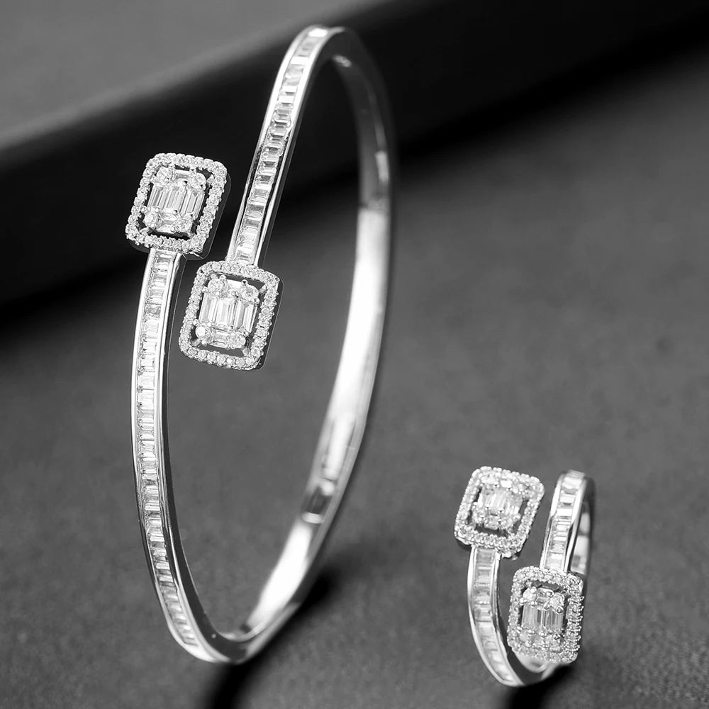 Luxury Stackable Cuff Bangles For Women Wedding Full AAA Cubic Zircon Crystal CZ Dubai Bridal Bracelets Party Jewelry 2022