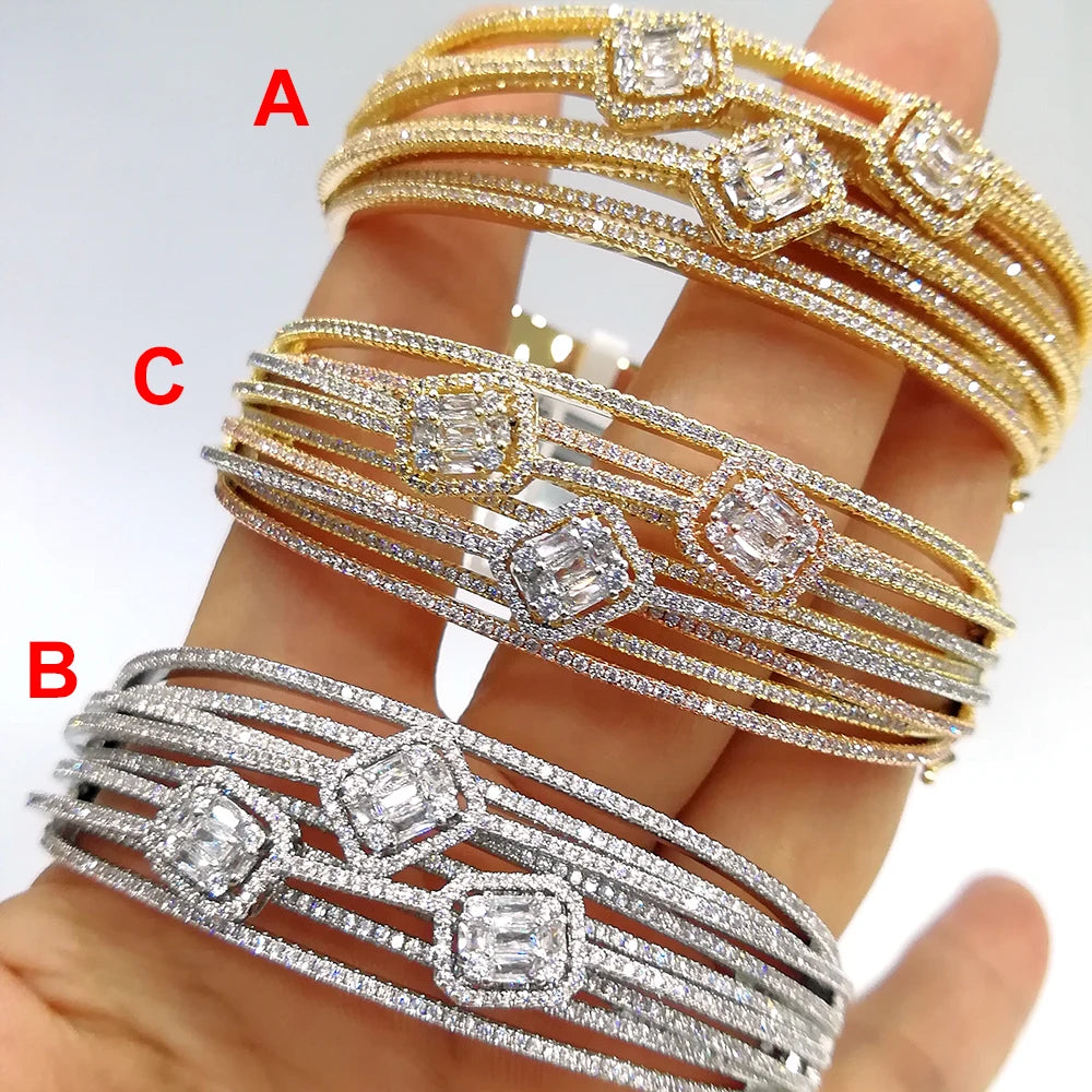 Luxury Crossover BOLD Bangles For Women Wedding Full Baguette Cut Cubic Zirconia Crystal Dubai Bracelet Party Jewelry