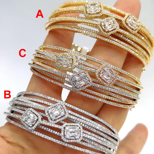 Luxury Crossover BOLD Bangles For Women Wedding Full Baguette Cut Cubic Zirconia Crystal Dubai Bracelet Party Jewelry