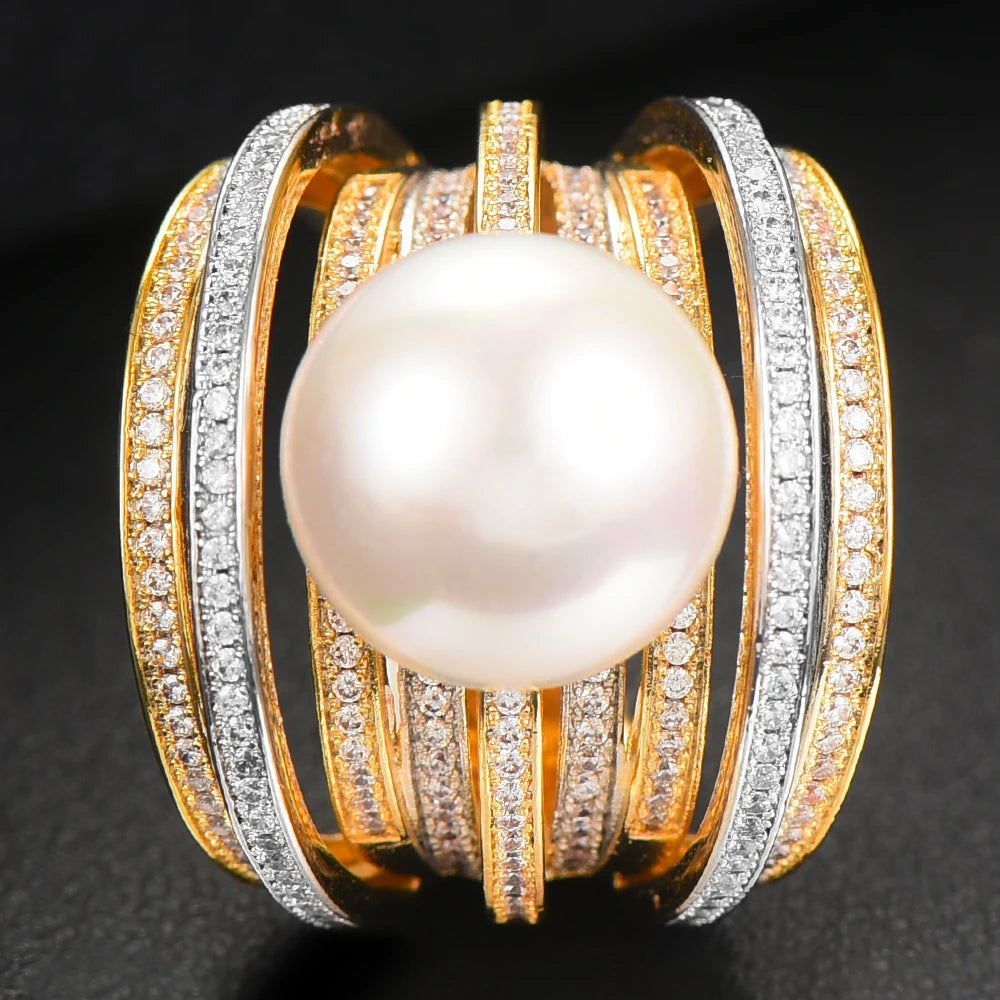 Trendy Twist Pearl Statement Rings for Women Cubic Zircon Finger Rings Beads Charm Ring Bohemian Beach Jewelry 2019