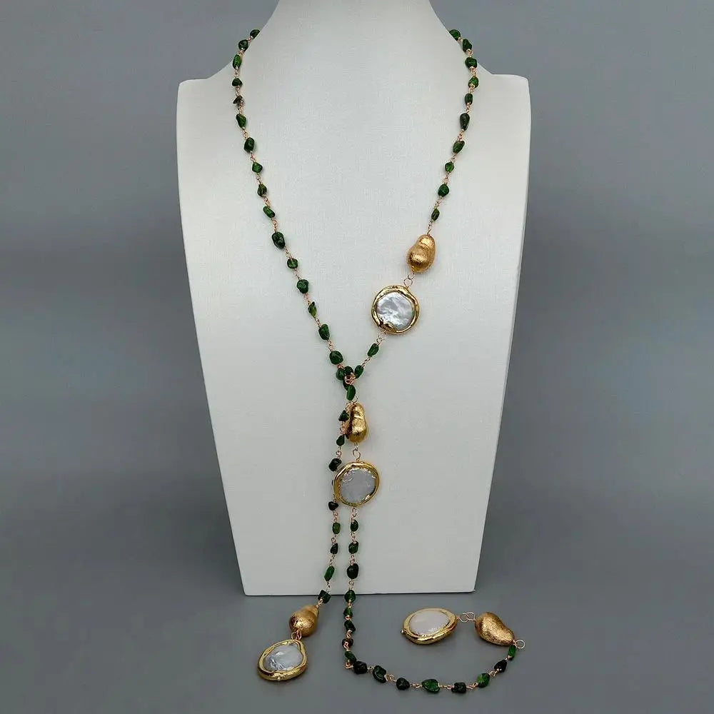 Natural Green Diopside small nugget Cultured White Coin Pearl Long sweater chain Necklace 41"