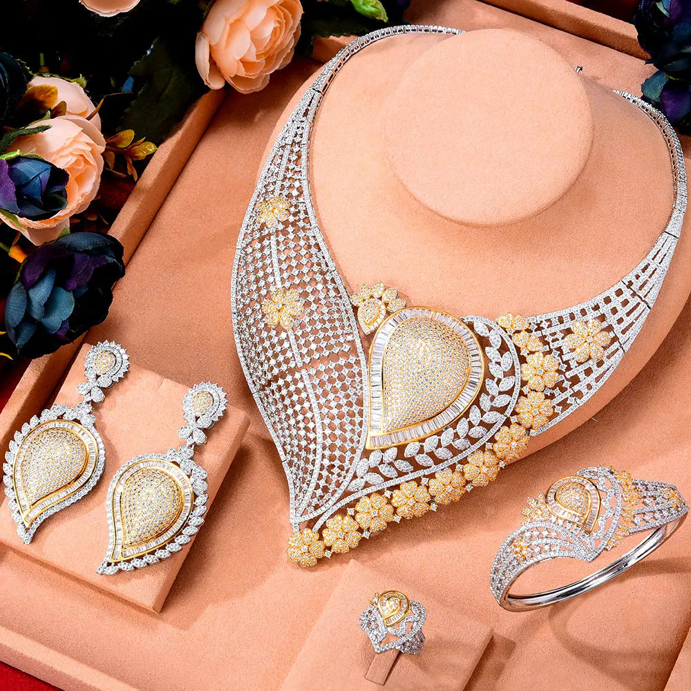 Super BIG Luxury 4PCS Leaf Flowers Africa Cubic Zirconia Set Jewelry Set For Women Wedding Cubic Zirconia Dubai Bridal Set