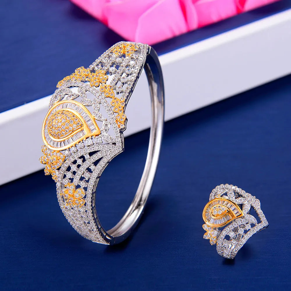 Super BIG Luxury 4PCS Leaf Flowers Africa Cubic Zirconia Set Jewelry Set For Women Wedding Cubic Zirconia Dubai Bridal Set