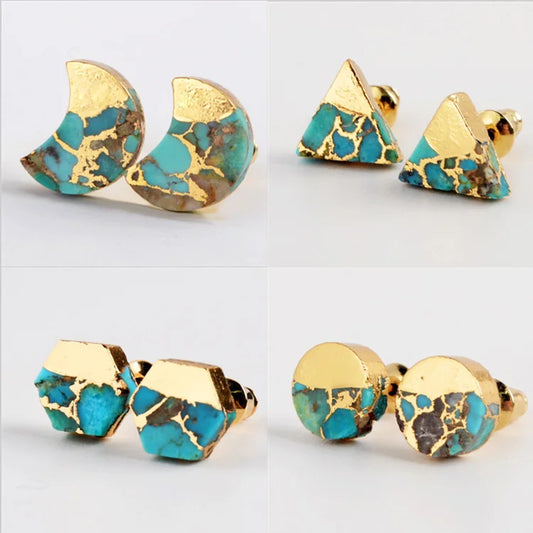 Gold Color Moon Copper Natural Turquoises Studs Earrings Gems Round Earrings for Women 2020 Geometric Earrings G1989