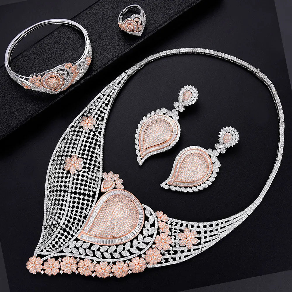 Super BIG Luxury 4PCS Leaf Flowers Africa Cubic Zirconia Set Jewelry Set For Women Wedding Cubic Zirconia Dubai Bridal Set