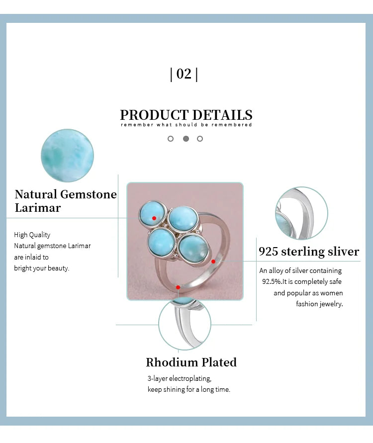 New Trend 925 Sterling Silver Natural Gemstones Larimar Ring for Women Geometry Design Classic Simple Female Jewelry Dating