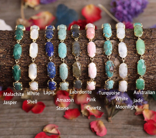 Natural Lapis Amazonite Black Agates Oval Beads Gold Chains Bracelet Women Pink Quartz Crystal Beads Simple Bracelet Jewelry