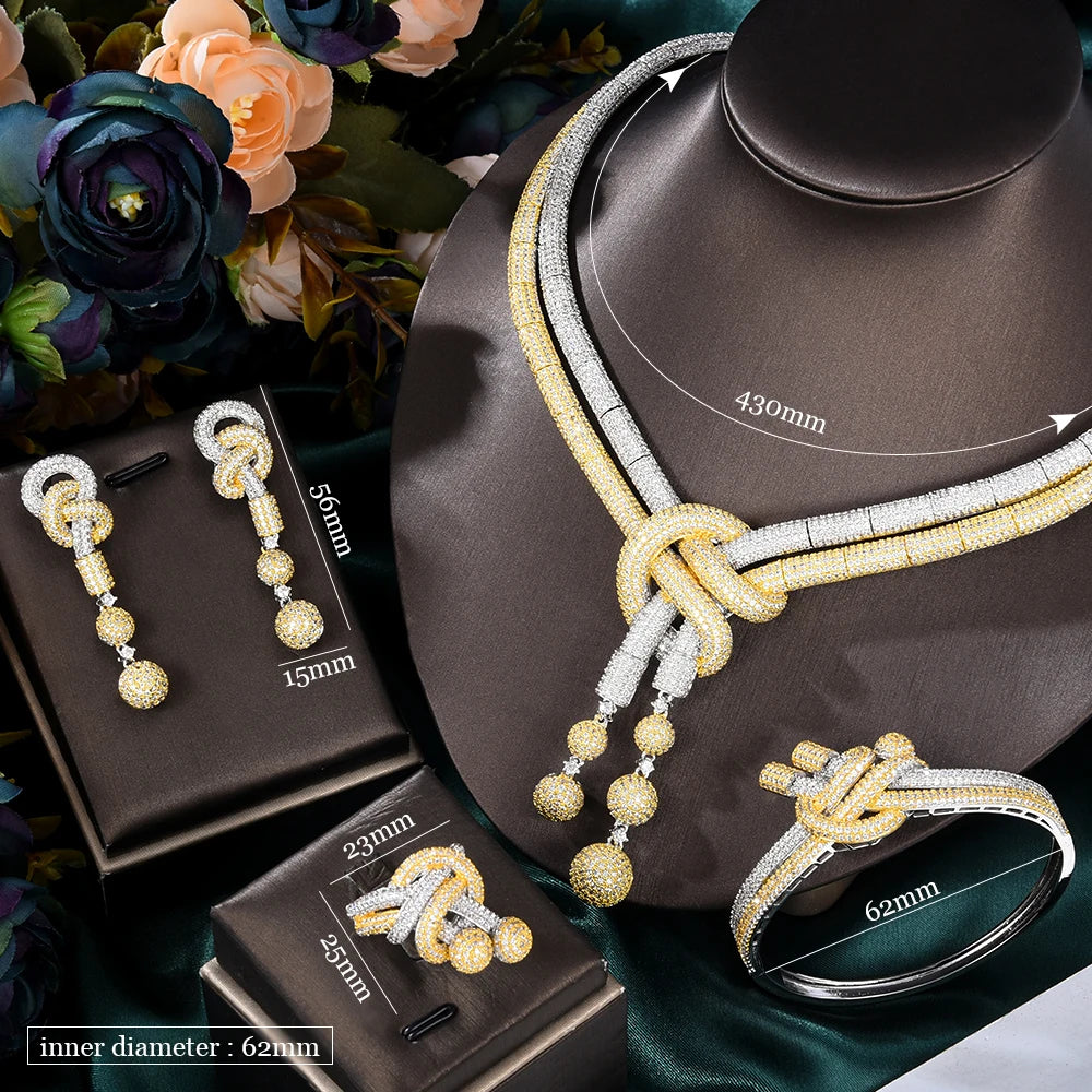 Luxury 4PCS African Knots Necklace Earring Sets Cubic Zirconia jewelry Sets for women Wedding Indian Bridal Jewelry Set
