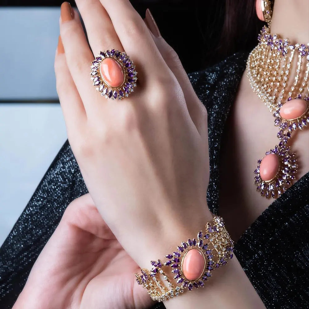 New Trendy 4PCS Real Pink Coral Luxury Dubai Jewelry Set For Women Wedding Party Zircon Crystal Indian Neckalce Earring
