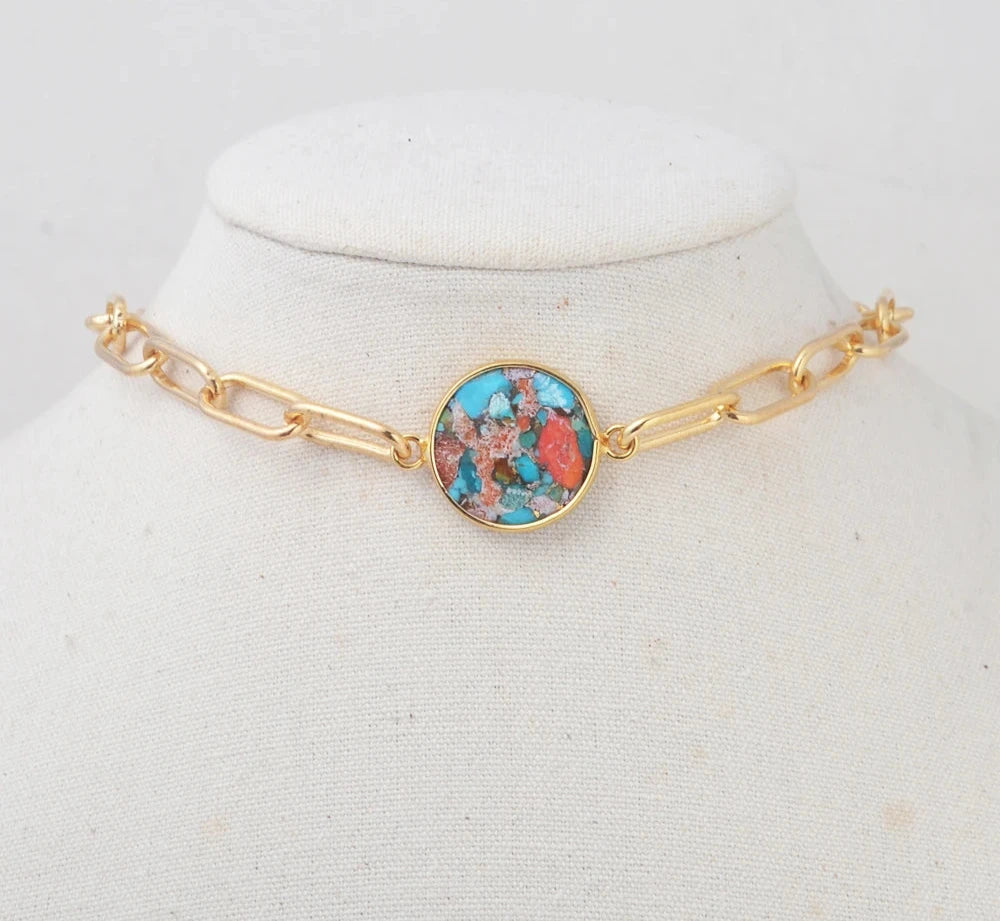 Golden Plating Round Natural Coral Turquoises Connectors Gems for Women Necklace Stone Beads for Bracelets Jewelry DIY
