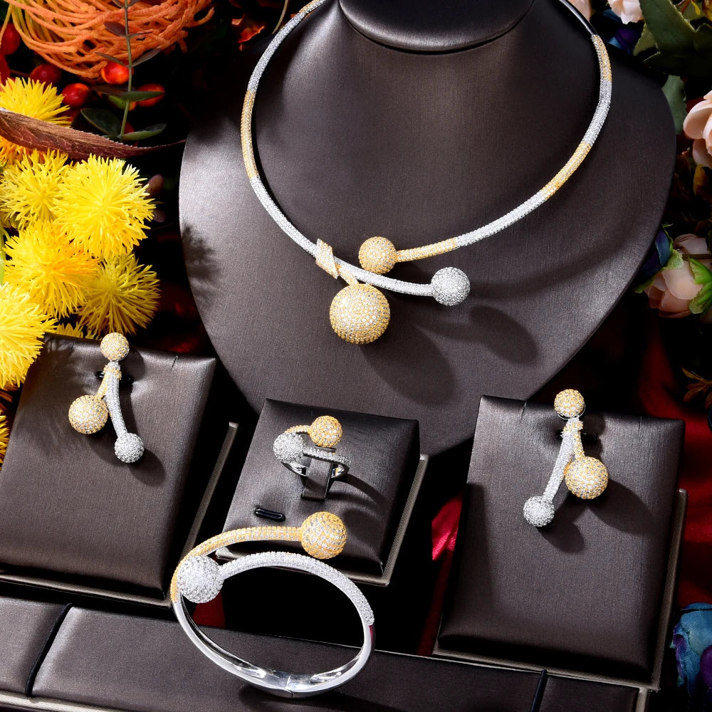 4Pcs Bicolor BALL African Jewelry Sets for Women Wedding Luxury Naija Jewelry Set Cubic Zirconia Dubai Bridal Jewelry Sets
