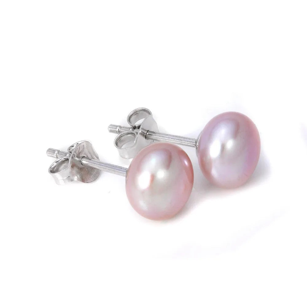 hot 925 Sterling Silver 7-8mm Real Freshwater Pearl  white Grey Black purple Natural  stud Earrings for 1 pair