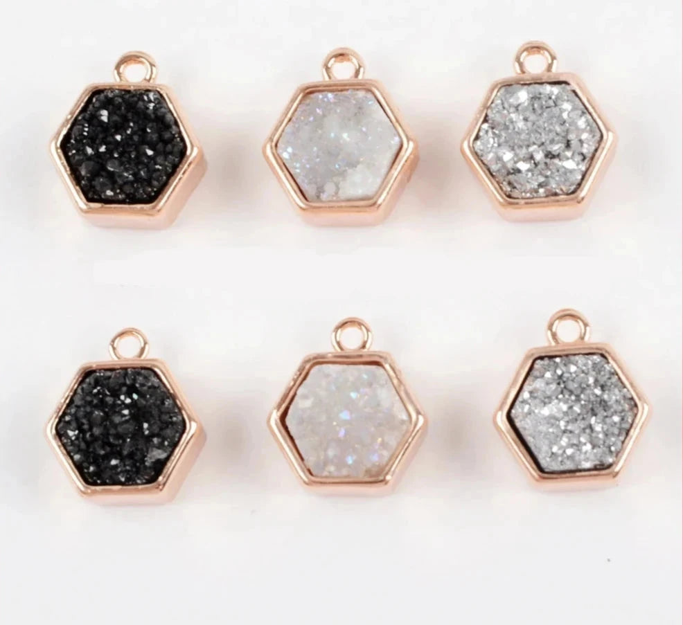 Hexagon Rose Gold Color Bezel Natural Druzy Titanium Rainbow Charm Beads Drusy Pendant for Jewelry Making ZR0139