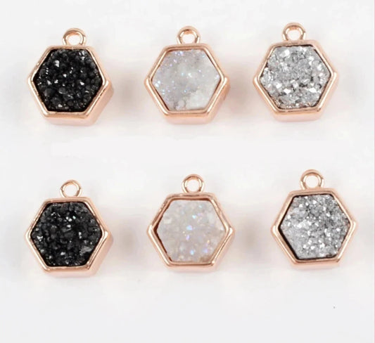 Hexagon Rose Gold Color Bezel Natural Druzy Titanium Rainbow Charm Beads Drusy Pendant for Jewelry Making ZR0139