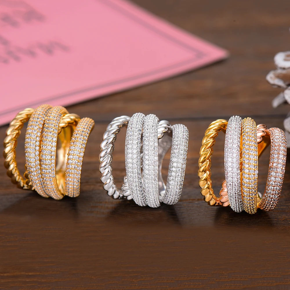 Luxury Twist Stacks Stackable Rings For Women Wedding Cubic Zircon Engagement Dubai Naija Bridal Finger Ring