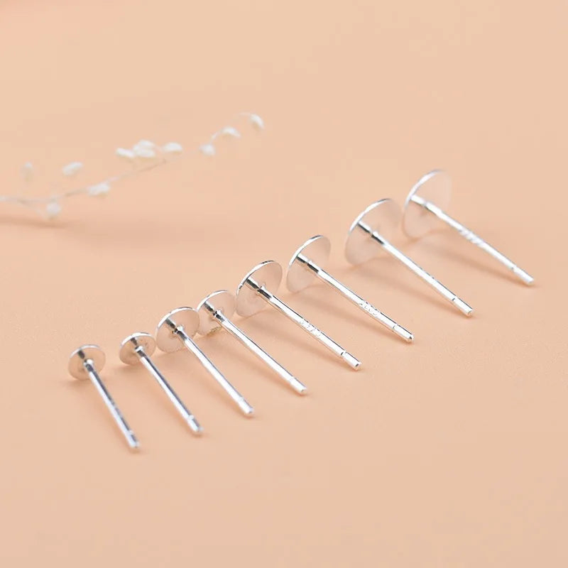 Real Solid 925 Sterling Silver Earring Stud Needle Post Flat Base Pins 3~8mm Silver Settings DIY Jewelry Making Findings