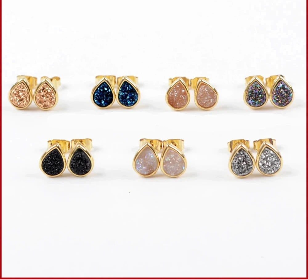 Teardrop Gold Color Bezel Rainbow Titanium Druzy Stud Earrings Agates Drusy Earrings for Women Jewelry
