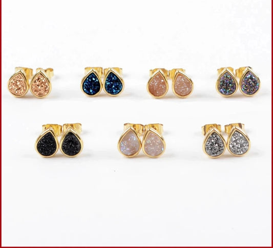 Teardrop Gold Color Bezel Rainbow Titanium Druzy Stud Earrings Agates Drusy Earrings for Women Jewelry