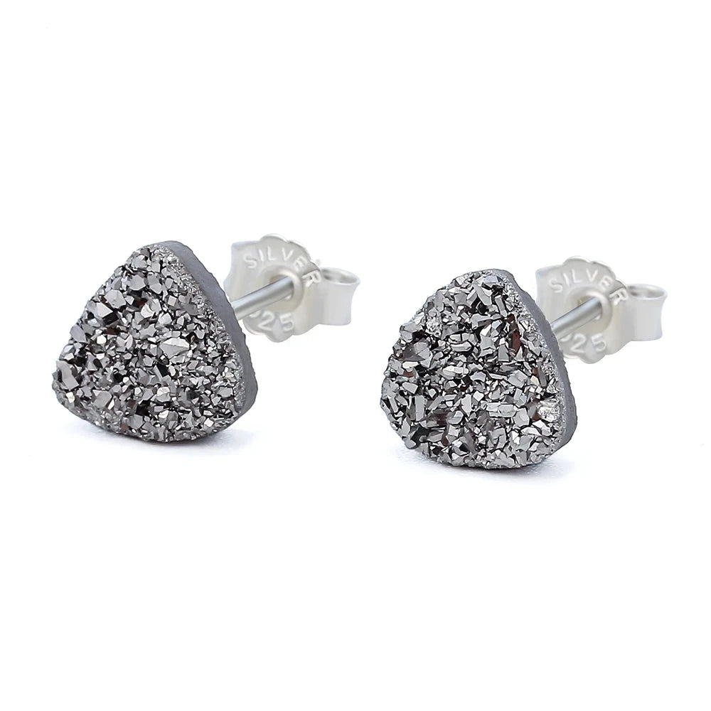 Hot Sale Triangle 8mm Drusy Stud Earring Natural Stone Jewelry Popular Druzy Silver Color Ear Stud Holder Aretes For Women