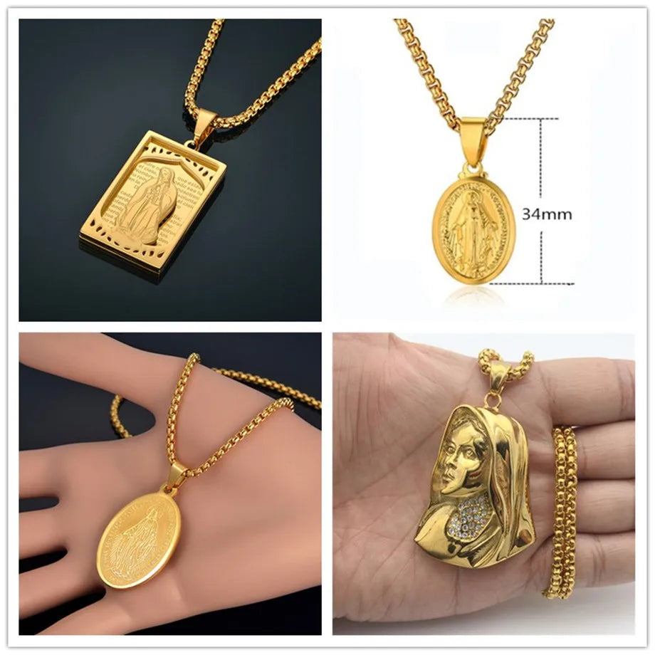 Big Round Virgin Mary Pendant Necklace For Women Men Gold Color Madonna Necklace Religious Christian Stainless Steel Jewelry