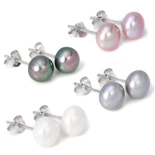 hot 925 Sterling Silver 7-8mm Real Freshwater Pearl  white Grey Black purple Natural  stud Earrings for 1 pair