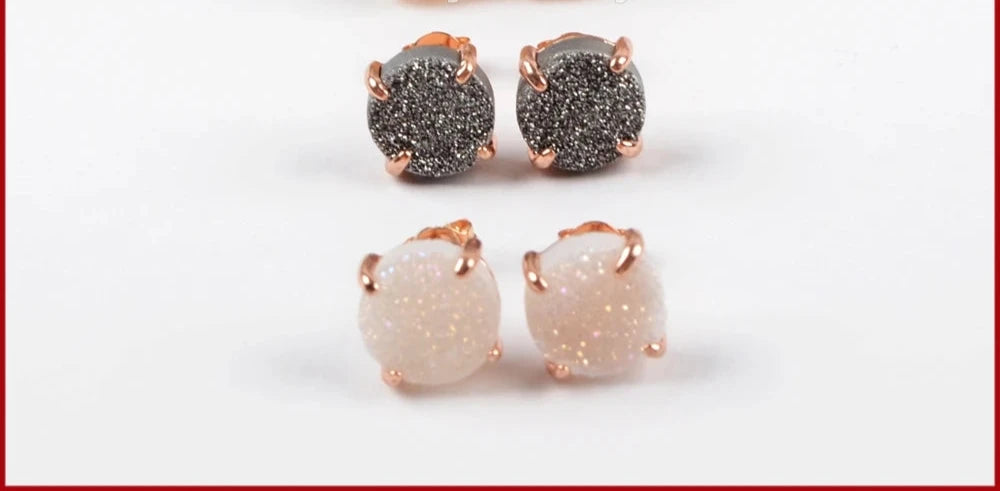 Mix Colors 10mm Round Rose Gold Claw Titanium Multi-color Drusy Stone Geode Natural Druzy Stud Earrings for Women ZG0132