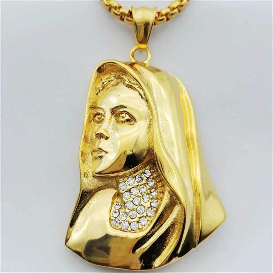 Big Round Virgin Mary Pendant Necklace For Women Men Gold Color Madonna Necklace Religious Christian Stainless Steel Jewelry