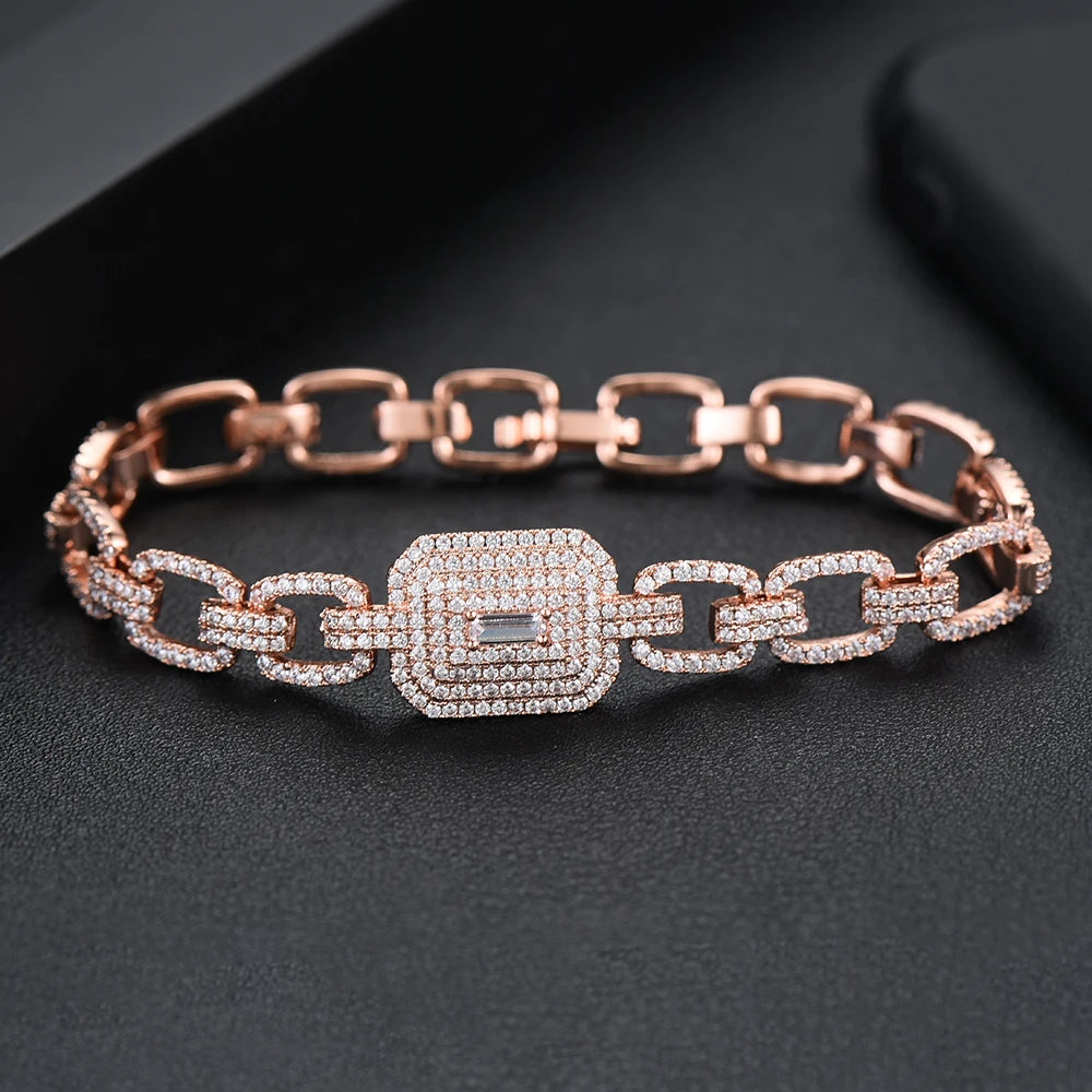 Luxury Square Link Chain Bracelets Bangles Cubic Zircon CZ Vintage Bohemian Cuff Bracelets For Women Femme Fashion Jewelry