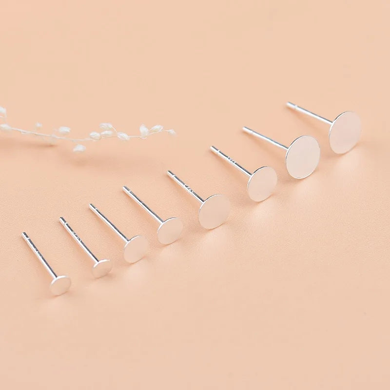 Real Solid 925 Sterling Silver Earring Stud Needle Post Flat Base Pins 3~8mm Silver Settings DIY Jewelry Making Findings