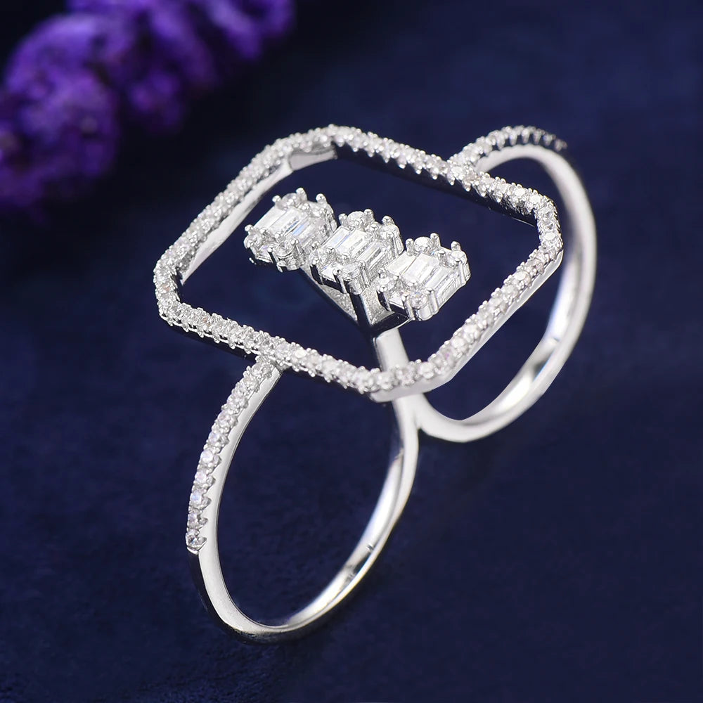 Luxury Statement Stackable Ring For Women Wedding Cubic Zircon Engagement Dubai Punk Bridal Two Finger Rings