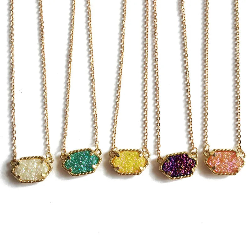 Mini Iridescent Druzy Drusy Pendant Necklace Chic Handmade Statement  Jewelry Short Collar Choker