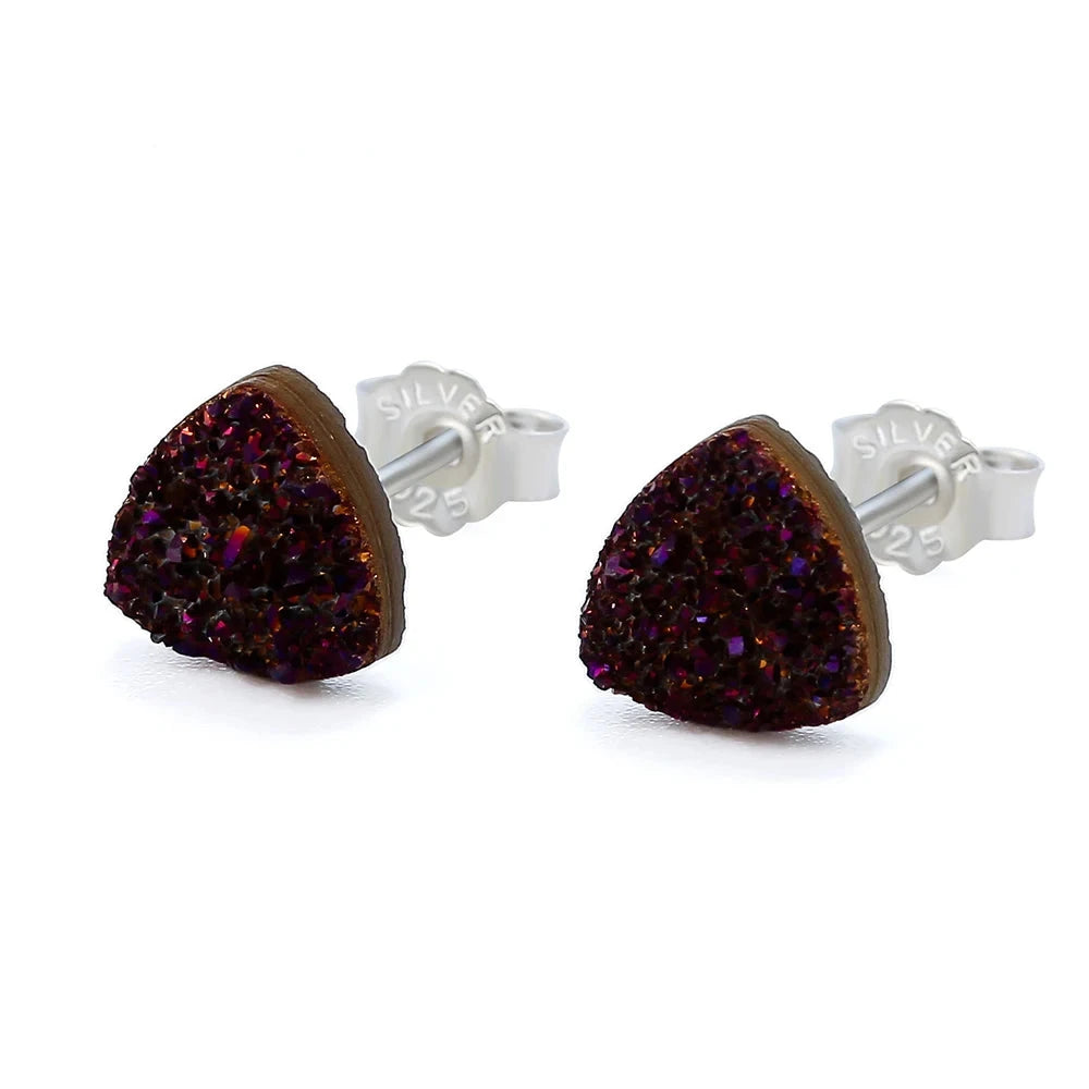 Hot Sale Triangle 8mm Drusy Stud Earring Natural Stone Jewelry Popular Druzy Silver Color Ear Stud Holder Aretes For Women