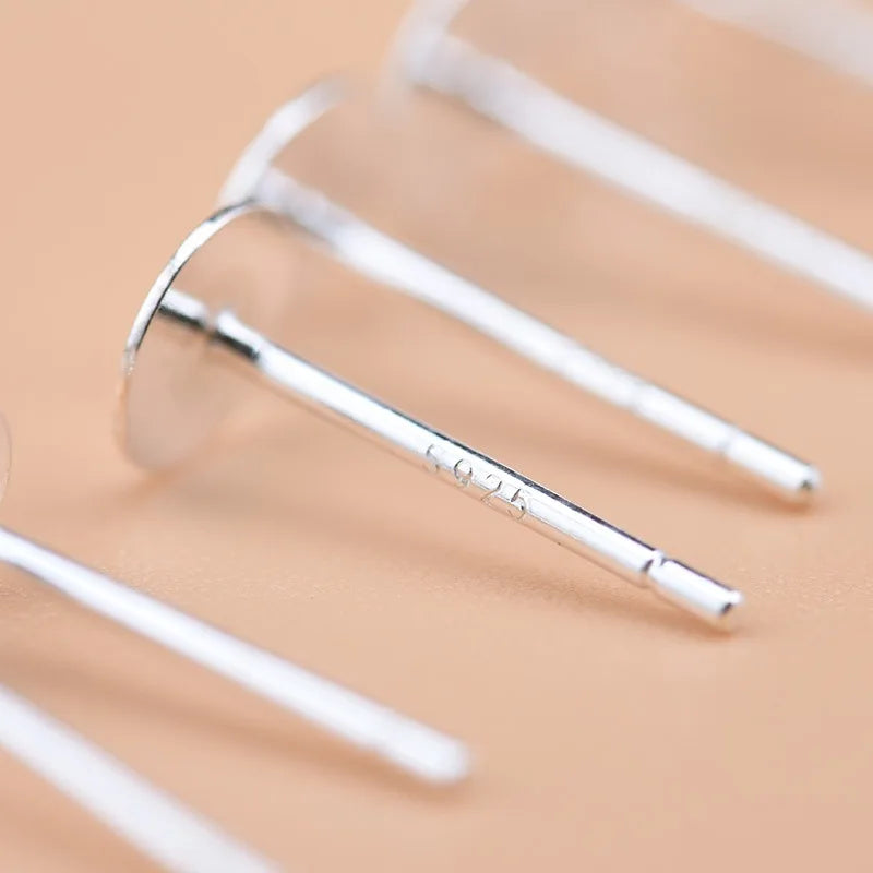 Real Solid 925 Sterling Silver Earring Stud Needle Post Flat Base Pins 3~8mm Silver Settings DIY Jewelry Making Findings