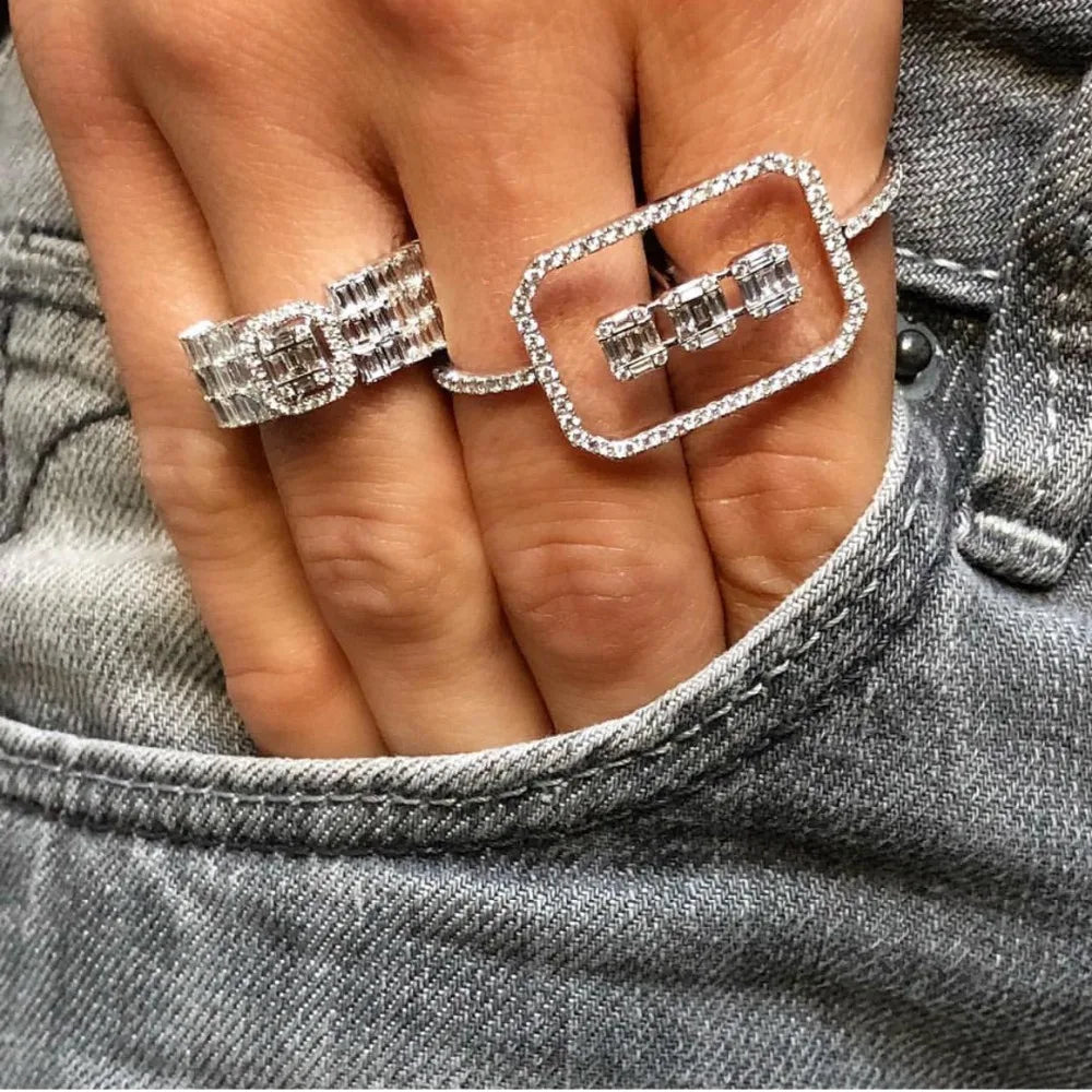 Luxury Statement Stackable Ring For Women Wedding Cubic Zircon Engagement Dubai Punk Bridal Two Finger Rings