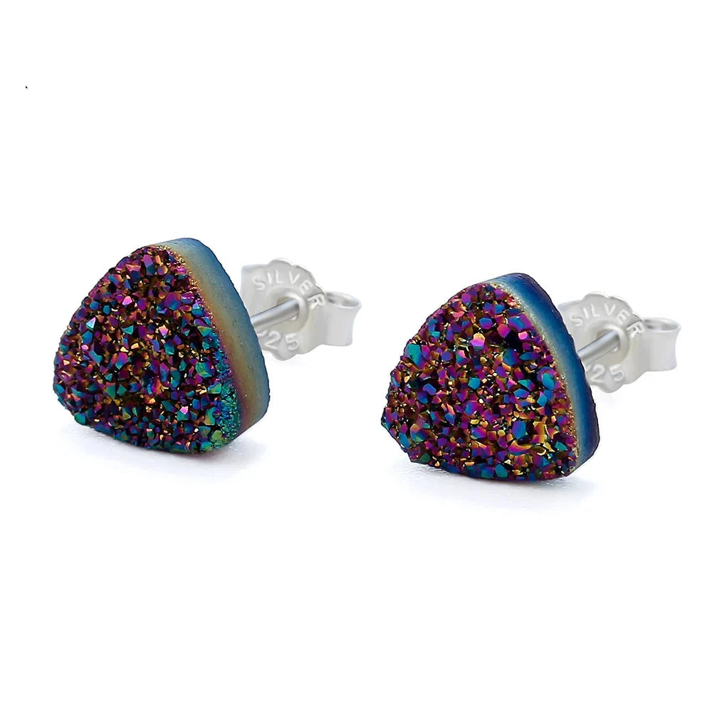 Hot Sale Triangle 8mm Drusy Stud Earring Natural Stone Jewelry Popular Druzy Silver Color Ear Stud Holder Aretes For Women