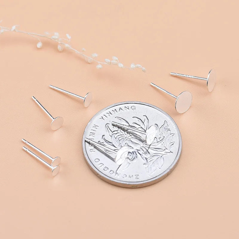 Real Solid 925 Sterling Silver Earring Stud Needle Post Flat Base Pins 3~8mm Silver Settings DIY Jewelry Making Findings