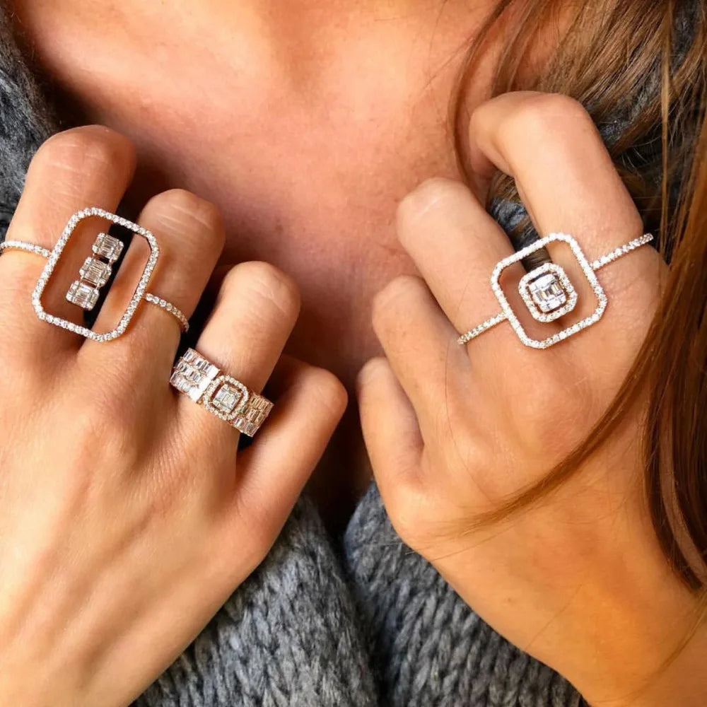 Luxury Statement Stackable Ring For Women Wedding Cubic Zircon Engagement Dubai Punk Bridal Two Finger Rings