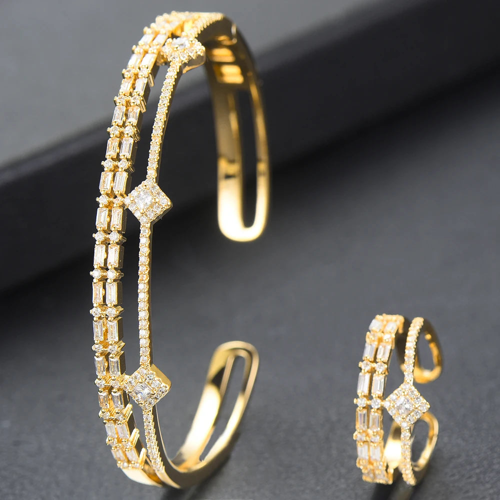 Luxury Stackable Cuff Bangles For Women Wedding Full AAA Cubic Zircon Crystal CZ Dubai Bridal Bracelets Party Jewelry 2022