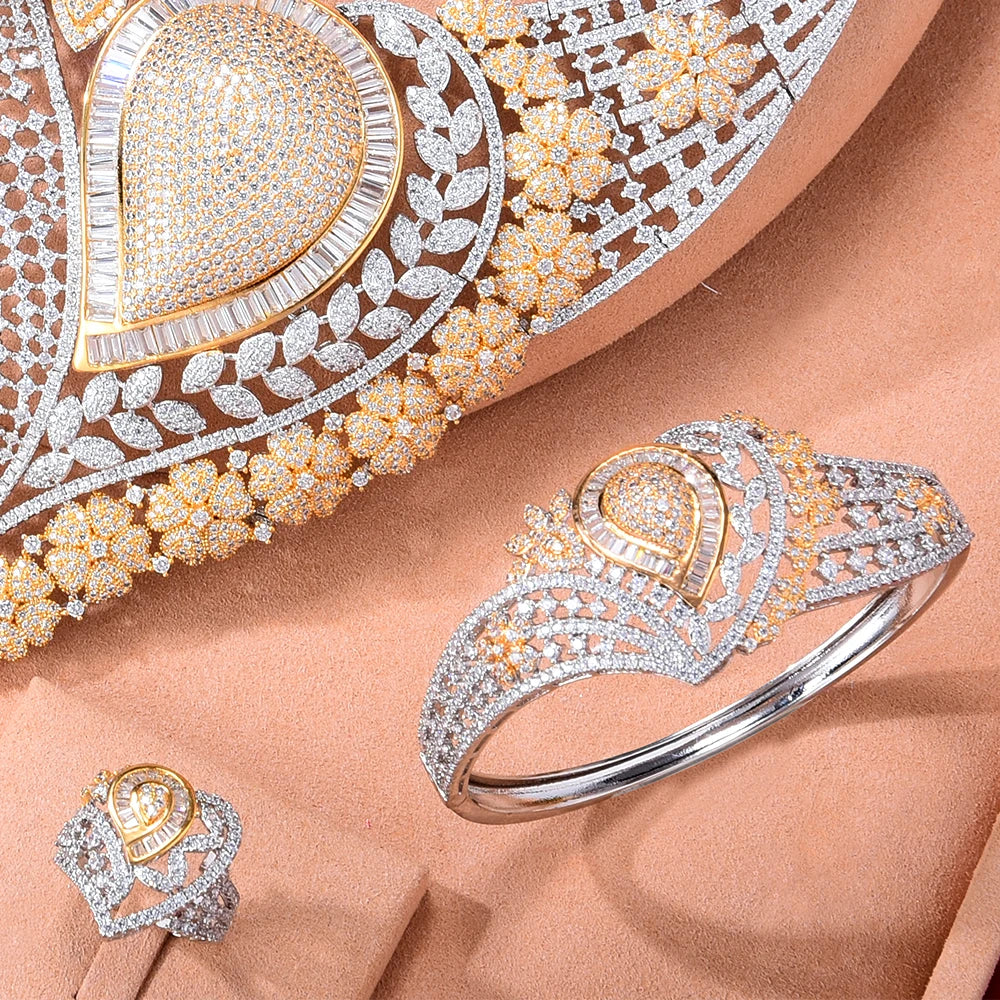 Super BIG Luxury 4PCS Leaf Flowers Africa Cubic Zirconia Set Jewelry Set For Women Wedding Cubic Zirconia Dubai Bridal Set