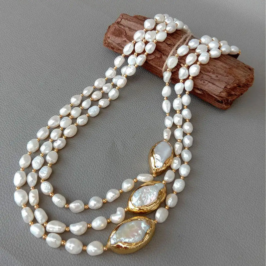 20" 3 rows Cultured Baroque Pearl Necklace Keshi Pearl Gold color Plated Connector chokers luxury wedding for women