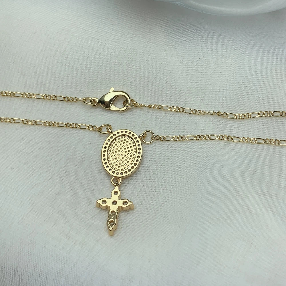 Metal Plated Gold Zircon Small Cross Virgin Mary Pendant Figaro Chain Necklace For Women 2021 Neck Jewelry