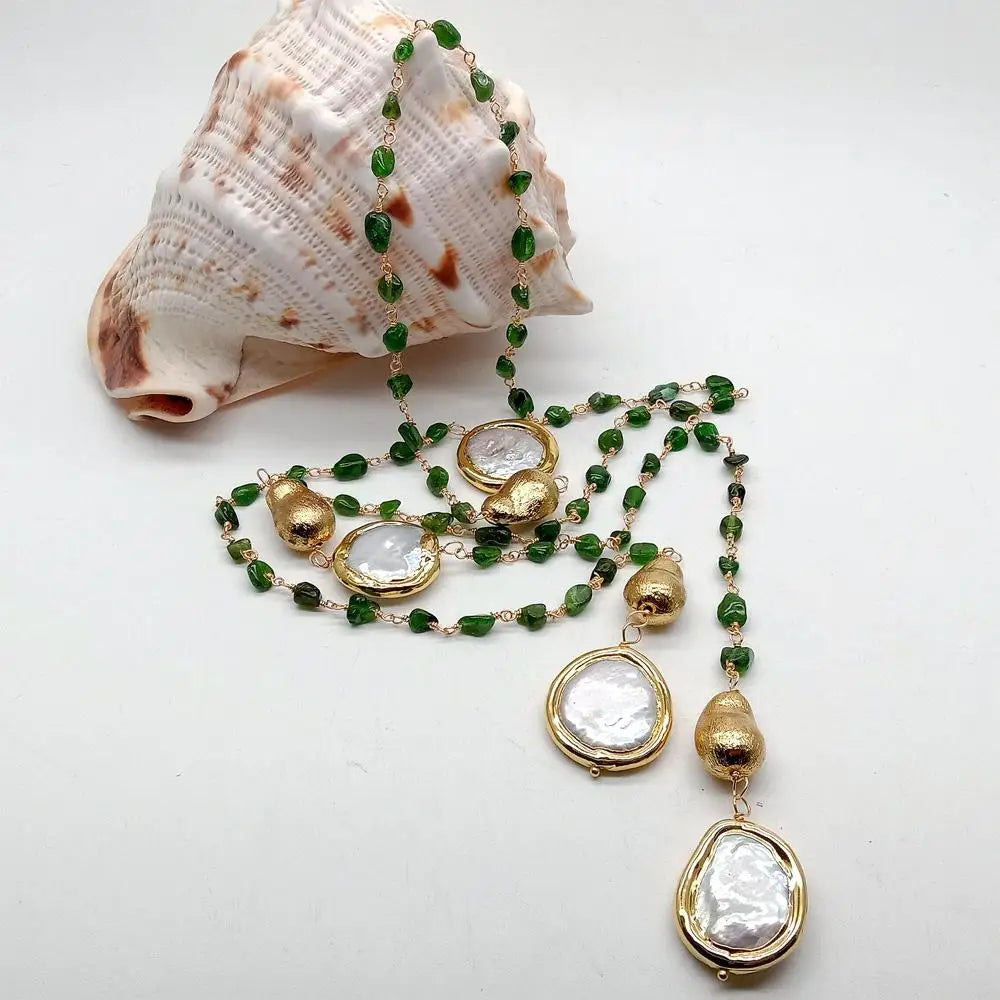Natural Green Diopside small nugget Cultured White Coin Pearl Long sweater chain Necklace 41"