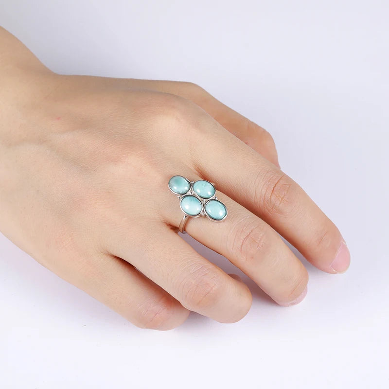New Trend 925 Sterling Silver Natural Gemstones Larimar Ring for Women Geometry Design Classic Simple Female Jewelry Dating