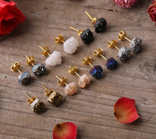 Natural Druzy Drusy Geode Agates Irregualr Chip Beads Stud Earrings Women Agates Stone Earstuds Jewelry