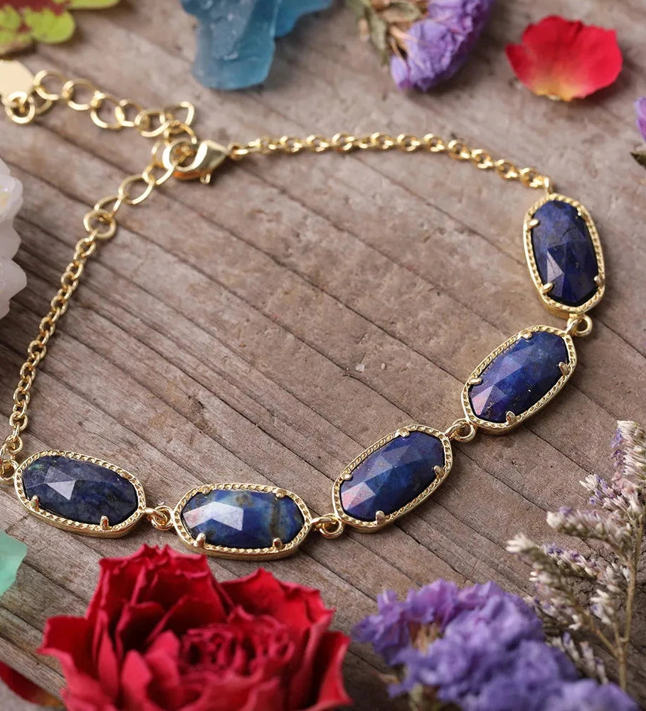 Natural Lapis Amazonite Black Agates Oval Beads Gold Chains Bracelet Women Pink Quartz Crystal Beads Simple Bracelet Jewelry