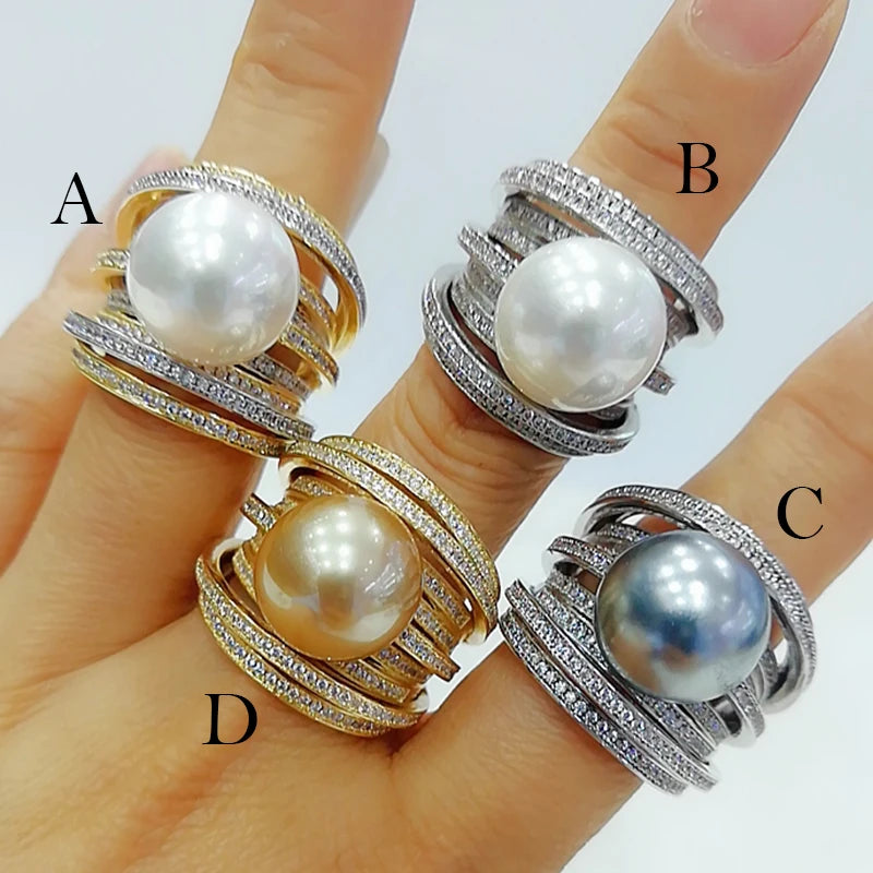 Trendy Twist Pearl Statement Rings for Women Cubic Zircon Finger Rings Beads Charm Ring Bohemian Beach Jewelry 2019